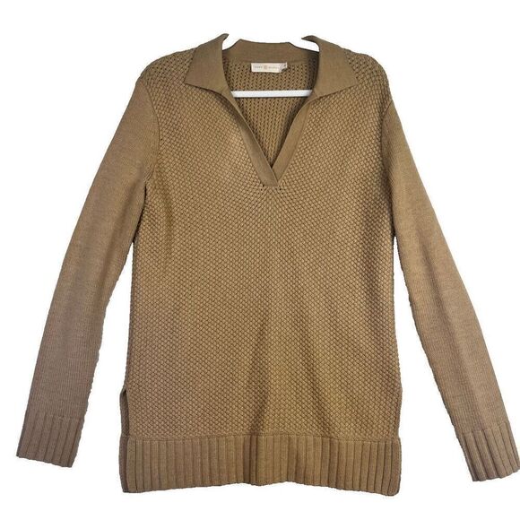 Tory Burch Sweater Women's Brown Knit Long Sleeve V-Neck Collared 100% Wool Sz S - Picture 1 of 6